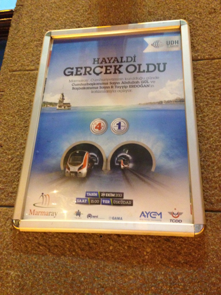 a flier announcing the opening of the Marmaray at the train station in Ankara 